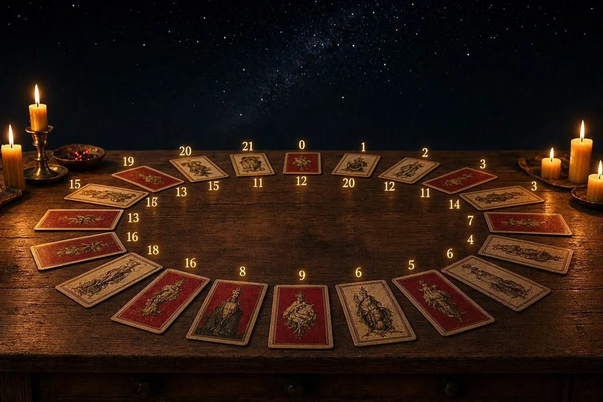 Cartas dos arcanos maiores dispostas em circulo sobre mesa de madeira a luz de velas douradas em cena mistica noturna, capa do artigo sobre arcano pessoal no tarot