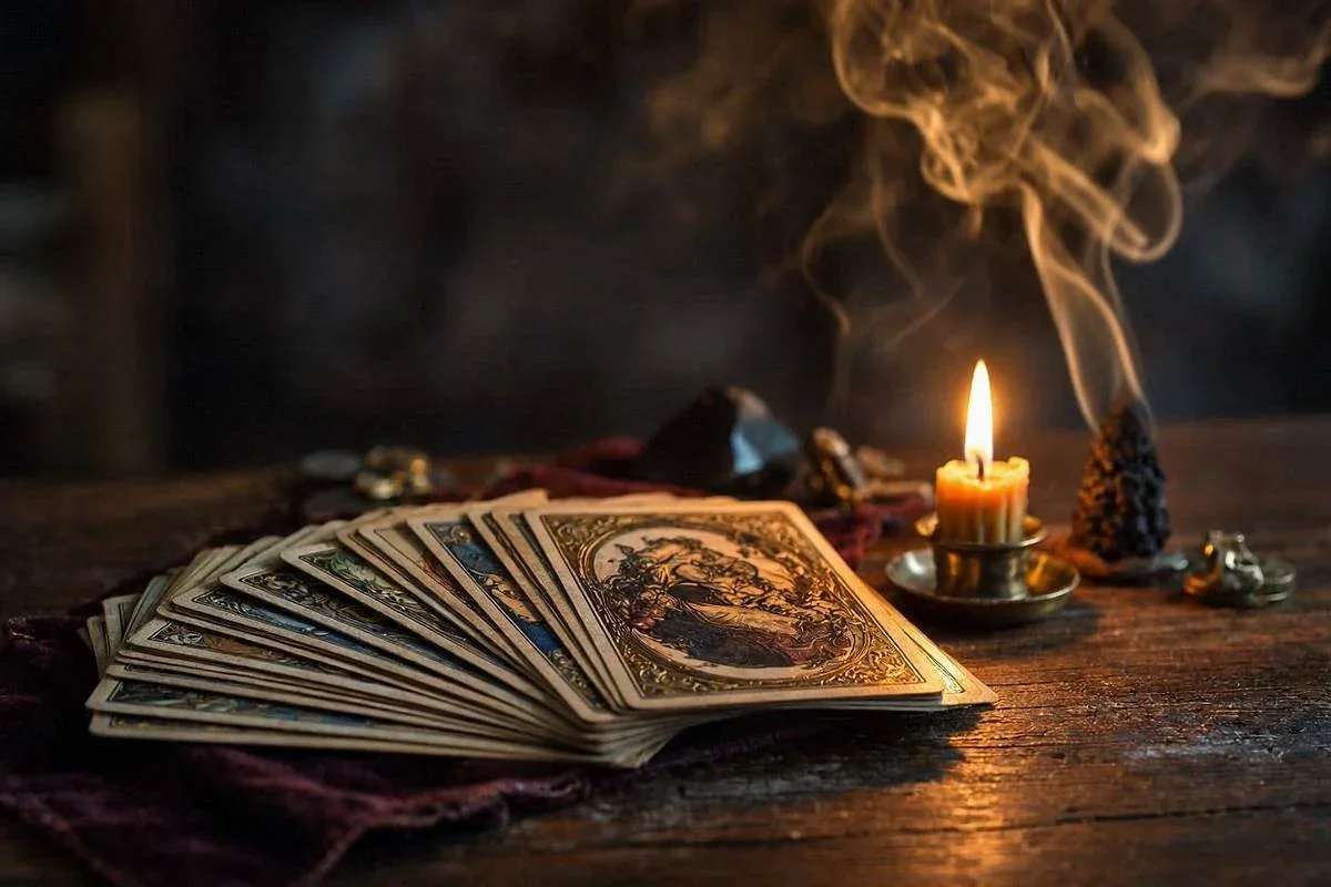 Os 22 Arcanos Maiores do tarot sob céu noturno dourado