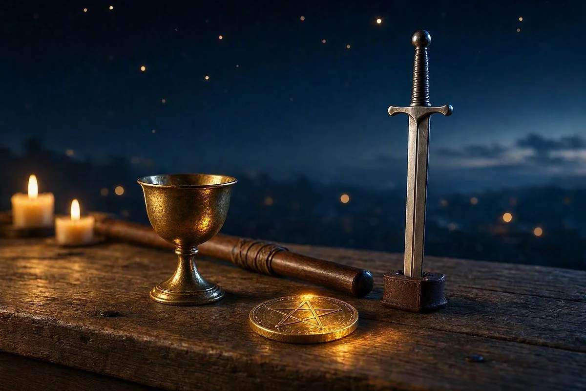 Os Arcanos Menores do tarot com os quatro naipes, cálice, moeda dourada, espada e bastão sob céu noturno dourado