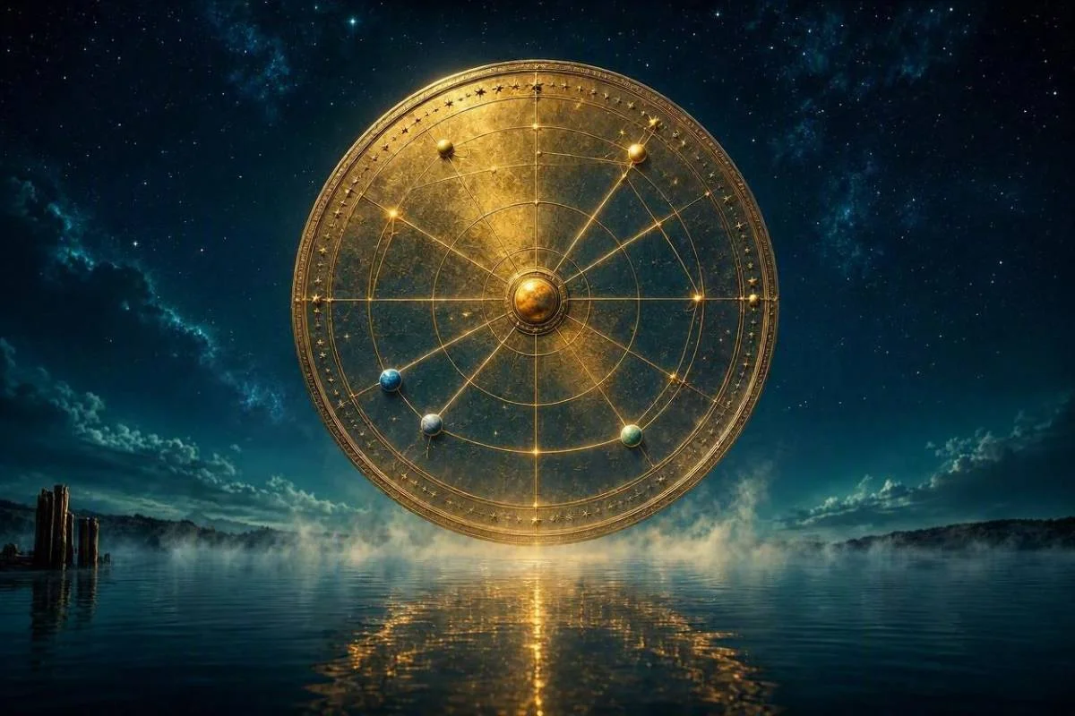 Roda astrologica dourada com linhas geometricas ligando planetas luminosos sobre ceu noturno estrelado, capa do artigo sobre aspectos no mapa astral