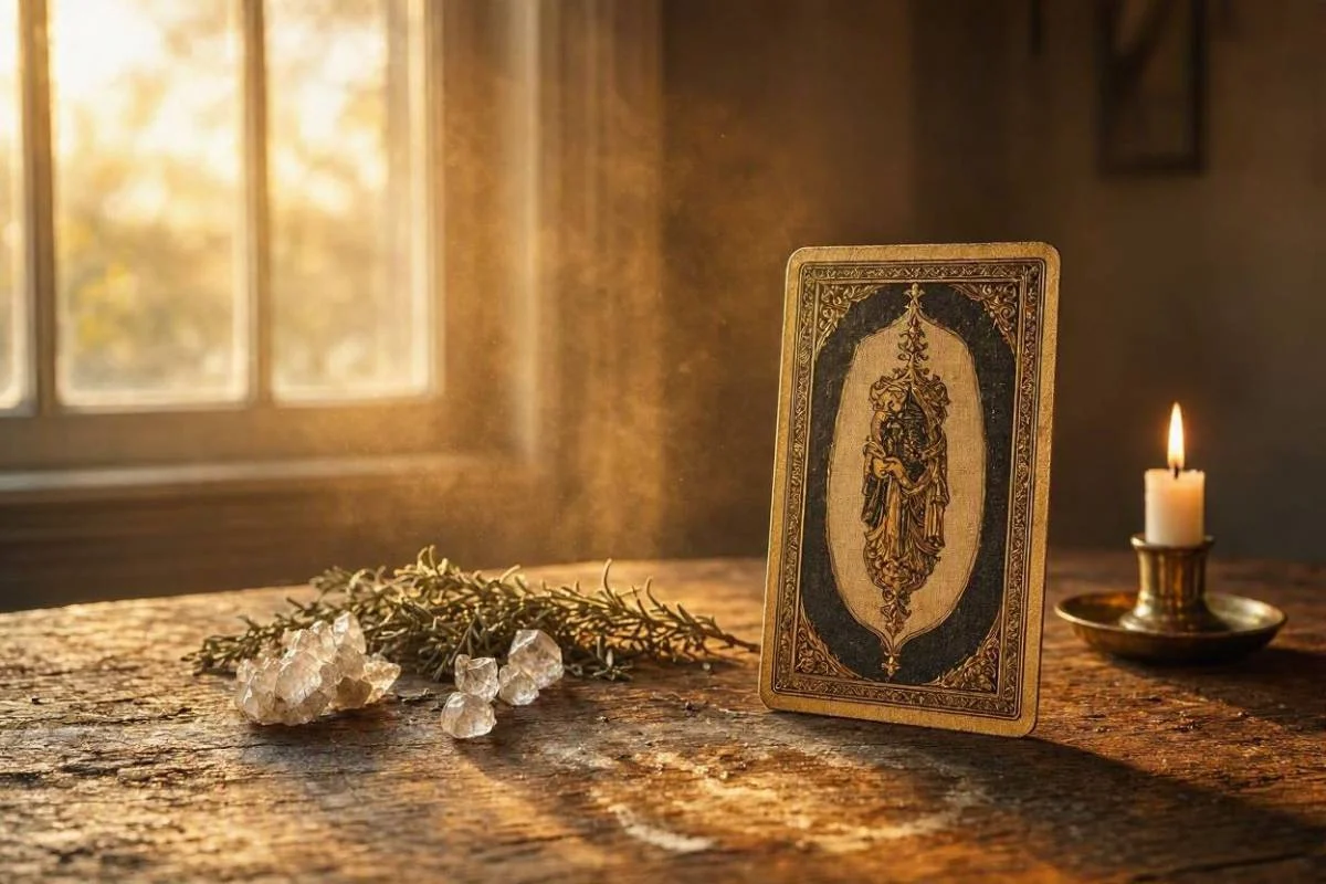Uma unica carta de tarot iluminada sobre mesa de madeira ao amanhecer com velas e cristais, capa do artigo sobre carta do dia no tarot