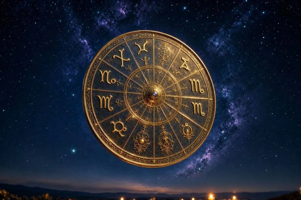 Casas astrológicas, uma roda dourada do mapa astral dividida em doze partes flutuando sobre um céu noturno místico repleto de estrelas