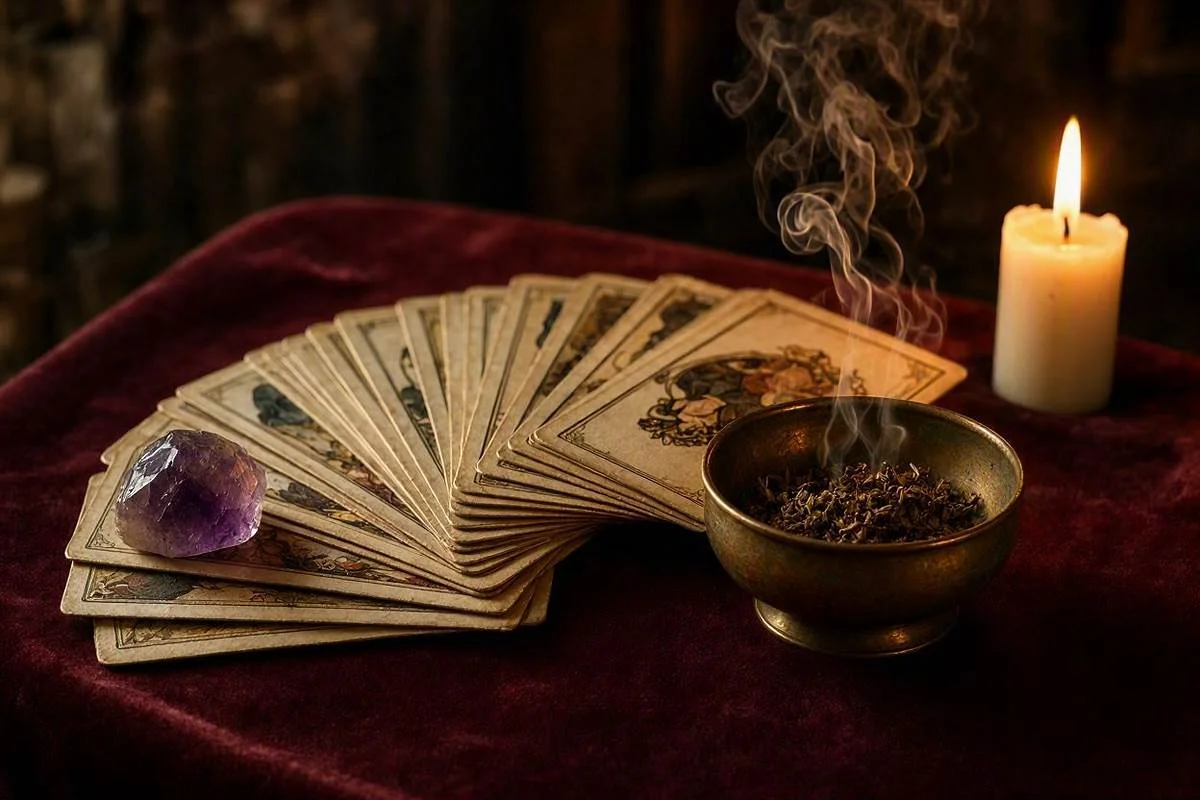 Baralho de tarot sobre pano escuro com fumaca de ervas, vela acesa e ametista, capa do artigo sobre como limpar e energizar o baralho de tarot