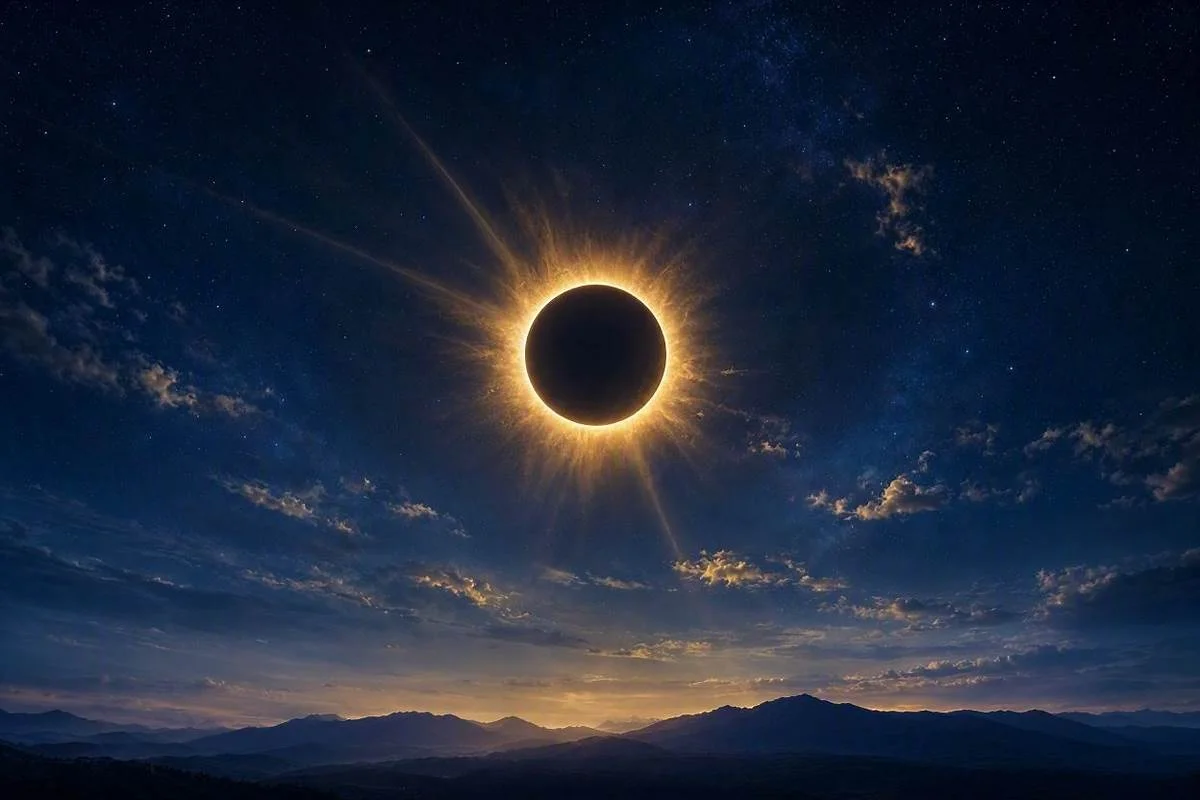 Eclipse solar com anel de luz dourada sobre ceu noturno estrelado, capa do artigo sobre eclipses na astrologia