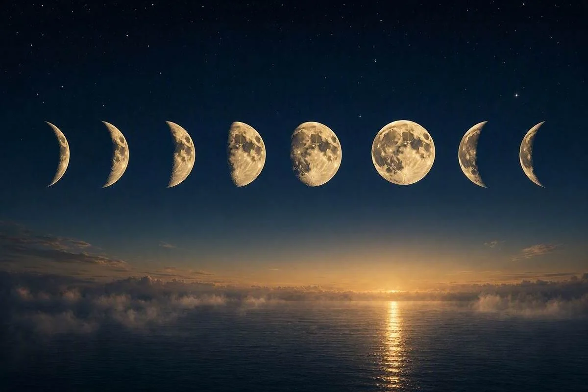 Fases da Lua e seu significado, ciclo lunar com lua nova, crescente, cheia e minguante em céu noturno dourado e místico