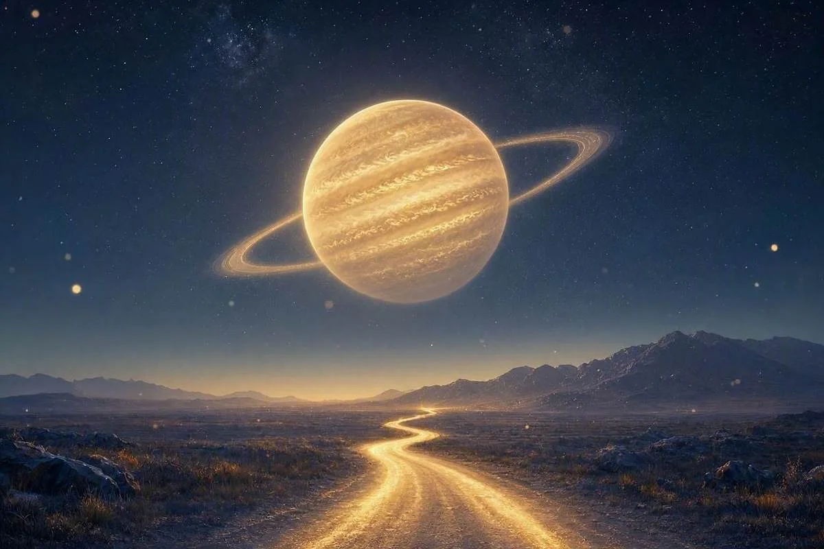 Planeta Jupiter dourado e luminoso sobre estrada de luz em ceu noturno estrelado, capa do artigo sobre Jupiter no mapa astral