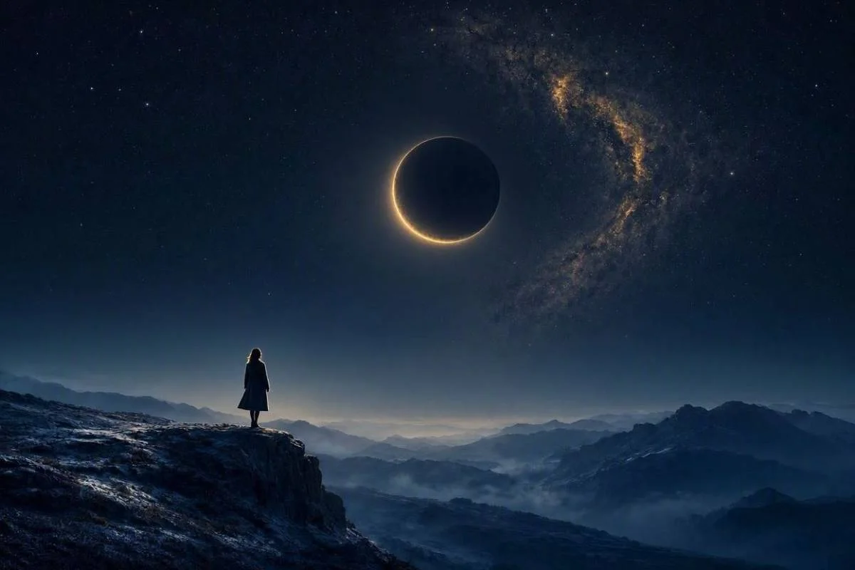 Lua negra sobre ceu noturno profundo com nevoa dourada e silhueta feminina ao longe, capa do artigo sobre Lilith no mapa astral