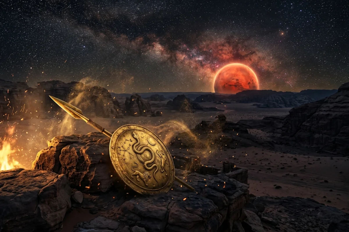 Lanca e escudo dourados diante de um planeta vermelho brilhante em ceu noturno estrelado, capa do artigo sobre Marte no mapa astral