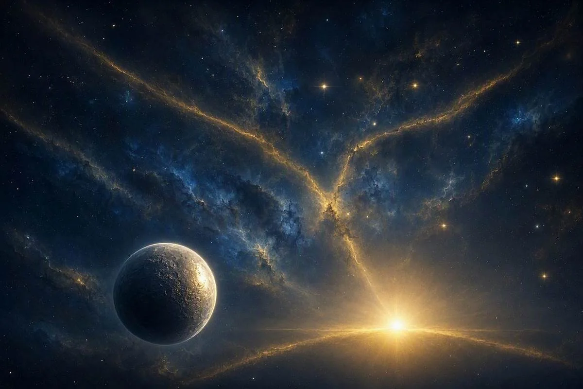 Planeta Mercurio prateado diante do Sol dourado em ceu noturno estrelado, capa do artigo sobre Mercurio no mapa astral
