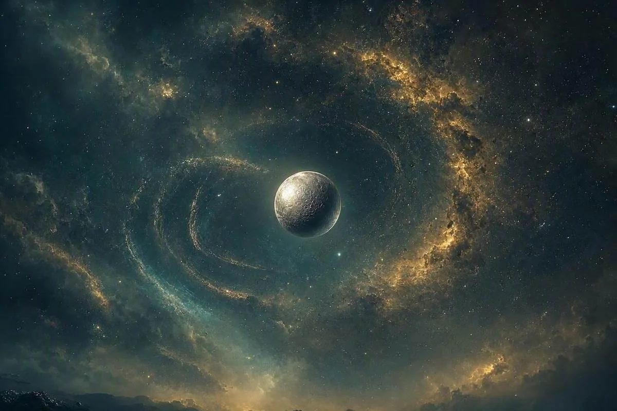Mercúrio retrógrado, o pequeno planeta prateado suspenso diante de um céu noturno místico e dourado, com estrelas e névoa cósmica ao redor