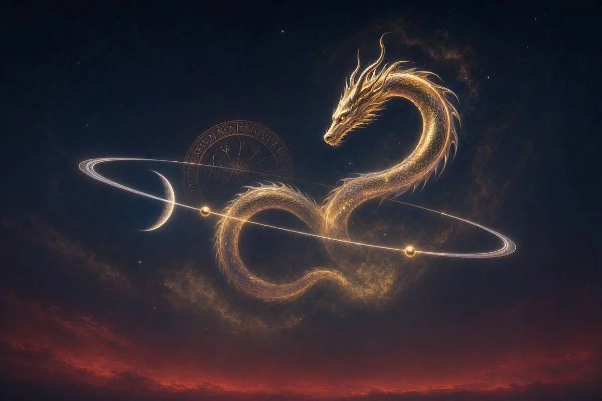 Dragao dourado enroscado na orbita da Lua cruzando a ecliptica em ceu noturno estrelado, capa do artigo sobre nodos lunares no mapa astral