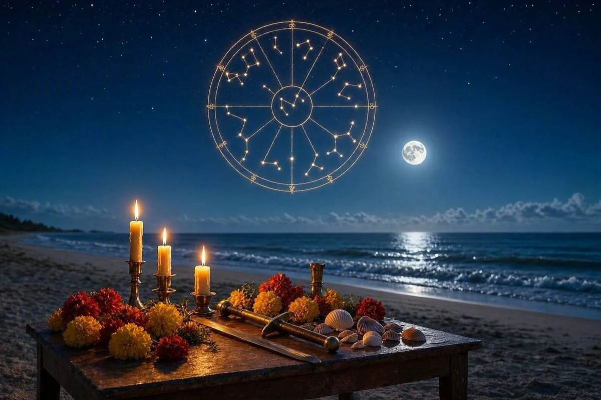 Altar de umbanda iluminado por velas douradas diante do mar a noite com a roda do zodiaco no ceu estrelado, capa do artigo sobre orixas e signos do zodiaco