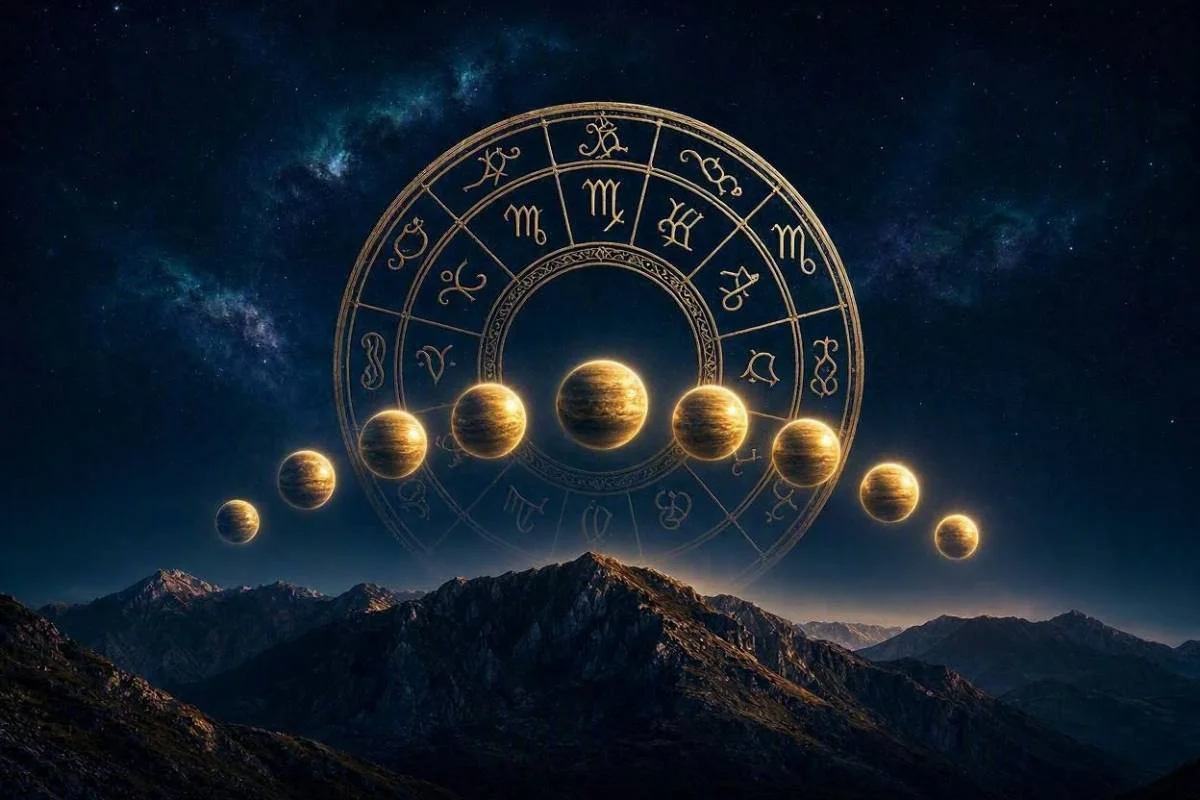 Planetas regentes dos signos representados por corpos celestes dourados alinhados num céu noturno estrelado com roda zodiacal ao fundo