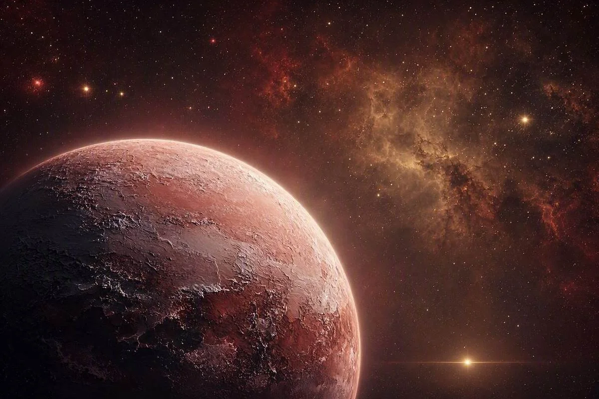 Planeta Plutao avermelhado envolto em nevoa dourada em ceu noturno estrelado, capa do artigo sobre Plutao no mapa astral