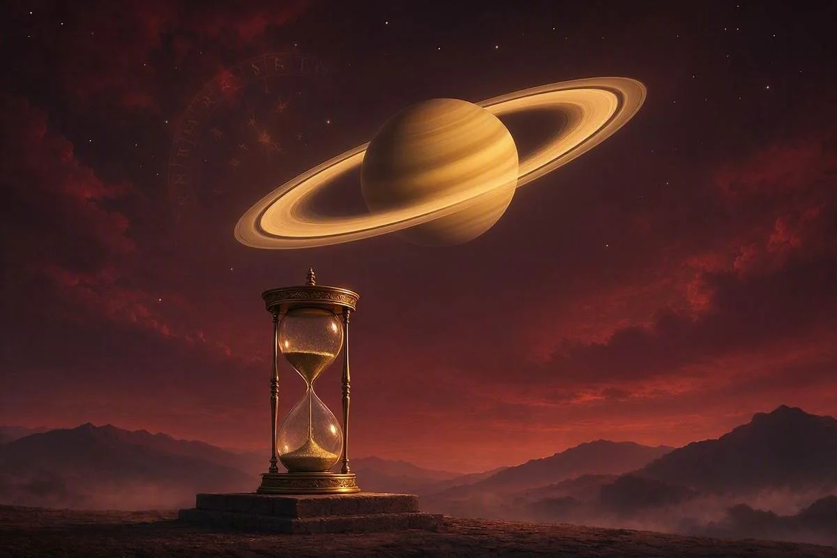 Planeta Saturno com aneis dourados sobre uma ampulheta antiga em ceu noturno vermelho e estrelado, capa do artigo sobre retorno de saturno