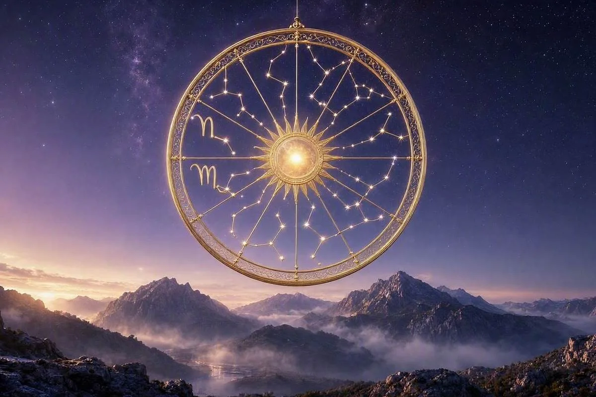 Roda zodiacal dourada com o Sol radiante no centro sobre montanhas enevoadas em ceu noturno estrelado, capa do artigo sobre revolucao solar