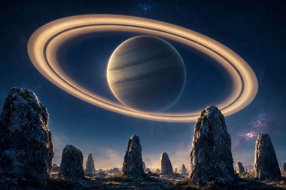 Planeta Saturno com aneis dourados sobre monolitos de pedra em ceu noturno estrelado, capa do artigo sobre Saturno no mapa astral