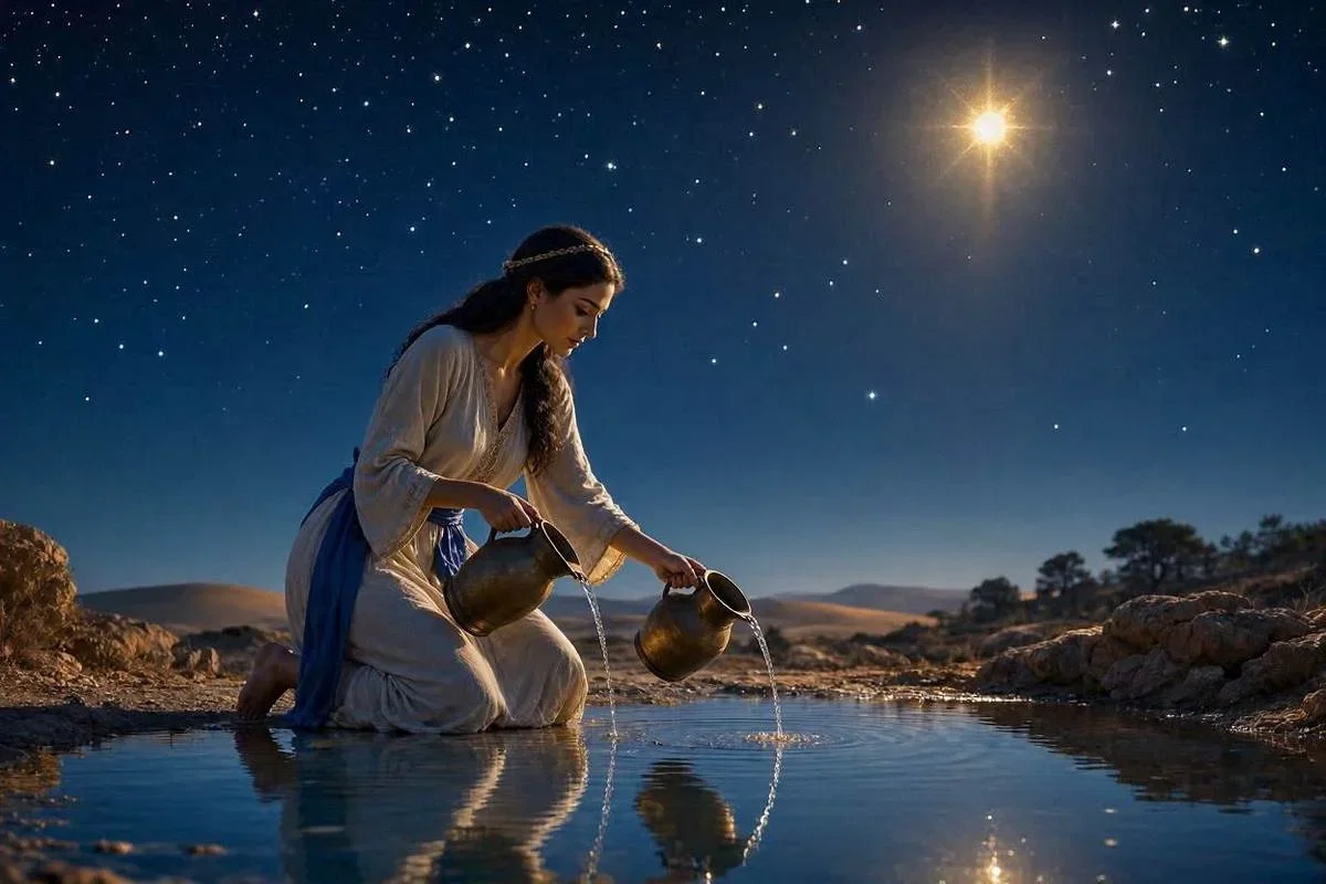 Carta A Estrela do tarot, estrela dourada de oito pontas sob céu noturno estrelado