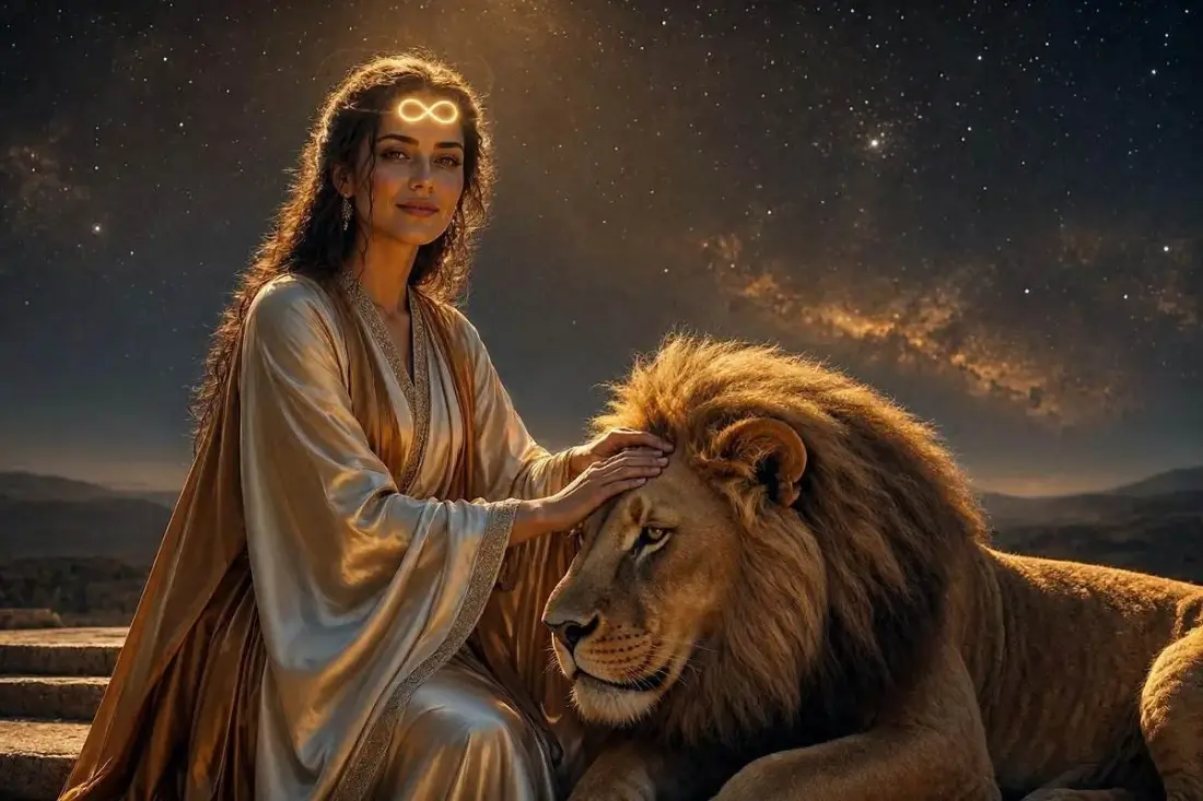Carta A Força do tarot, mulher domando um leão dourado sob céu noturno místico