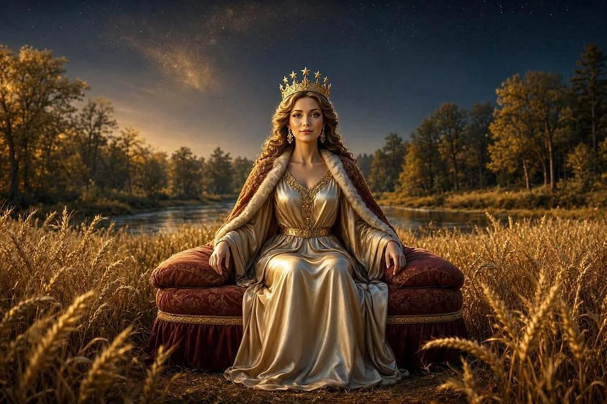 Carta A Imperatriz do tarot, mulher coroada de estrelas em jardim fértil de trigo sob céu noturno dourado