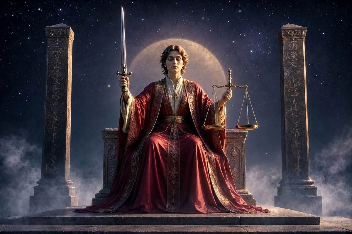 Carta A Justiça do tarot, figura serena num trono entre dois pilares segurando uma espada erguida e uma balança sob céu noturno dourado