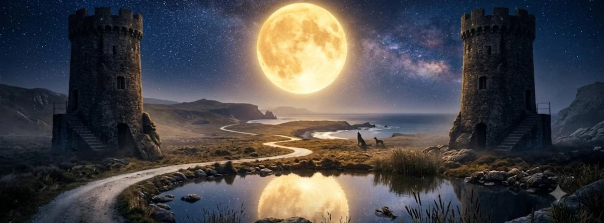 Carta A Lua do tarot sob céu noturno dourado