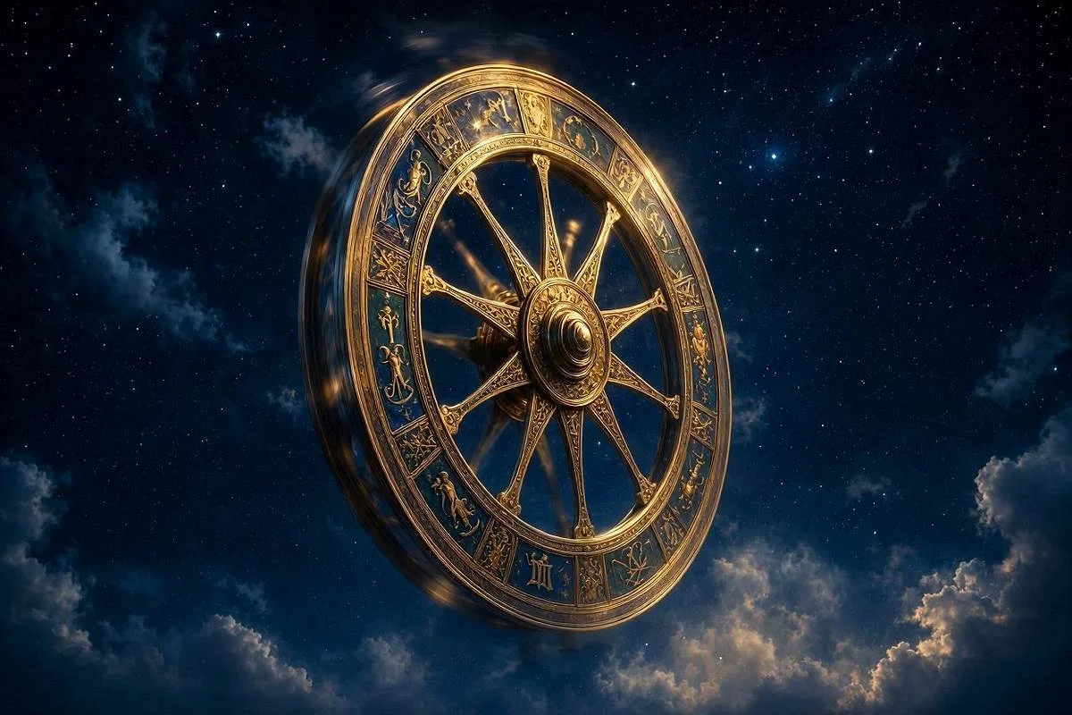 Carta A Roda da Fortuna do tarot, roda dourada girando sob céu noturno estrelado