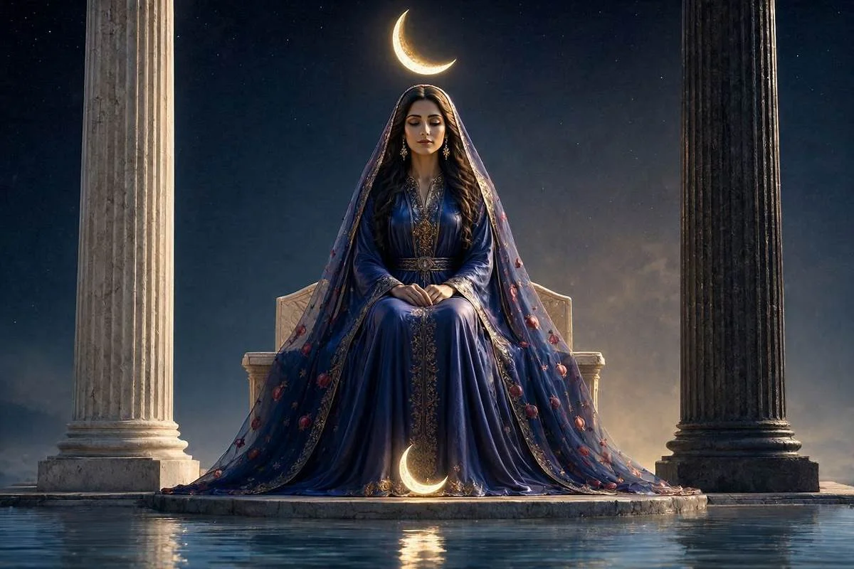 Carta A Sacerdotisa do tarot, mulher serena entre duas colunas com a lua crescente sob céu noturno dourado