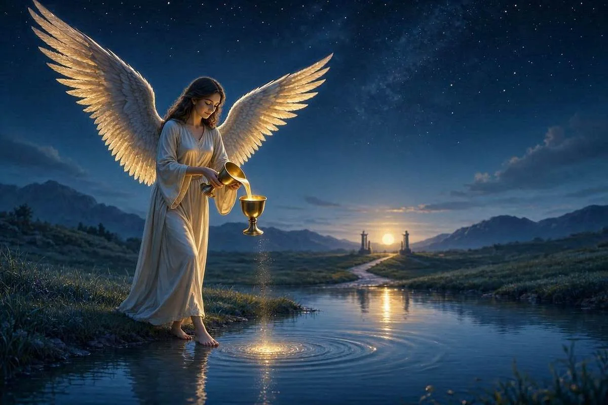 Carta A Temperança do tarot, anjo de asas douradas vertendo líquido entre dois cálices com um pé na terra e outro na água sob céu noturno dourado