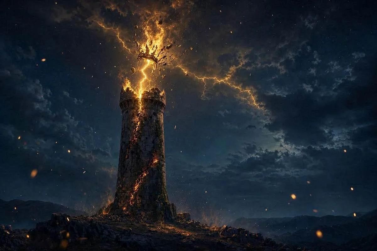 Carta A Torre do tarot, torre atingida por um raio dourado sob céu noturno místico