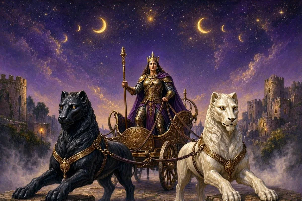 Carta O Carro do tarot, condutor coroado num carro puxado por duas esfinges diante de uma cidade sob céu noturno dourado