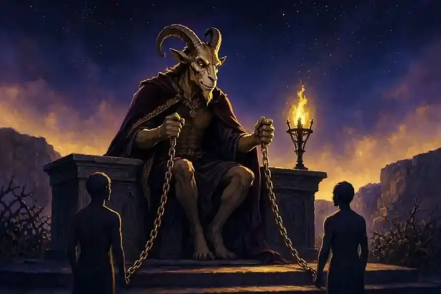 Carta O Diabo do tarot, figura de sátiro com correntes frouxas sob céu noturno dourado