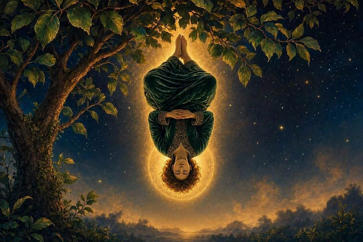 Carta O Enforcado do tarot, homem suspenso de cabeça para baixo por um pé numa trave de madeira com auréola dourada ao redor da cabeça sob céu noturno dourado