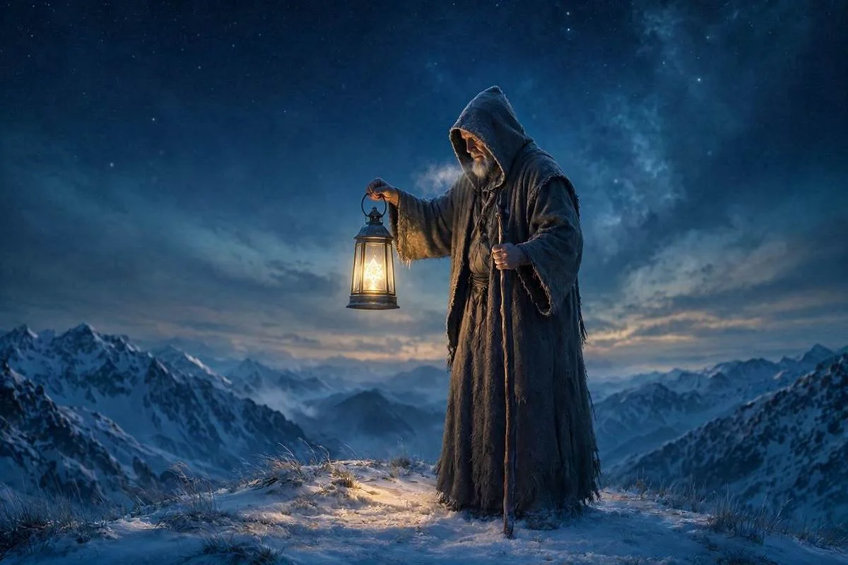 Carta O Eremita do tarot, ancião de manto com capuz segurando uma lanterna no topo de uma montanha nevada sob céu noturno dourado