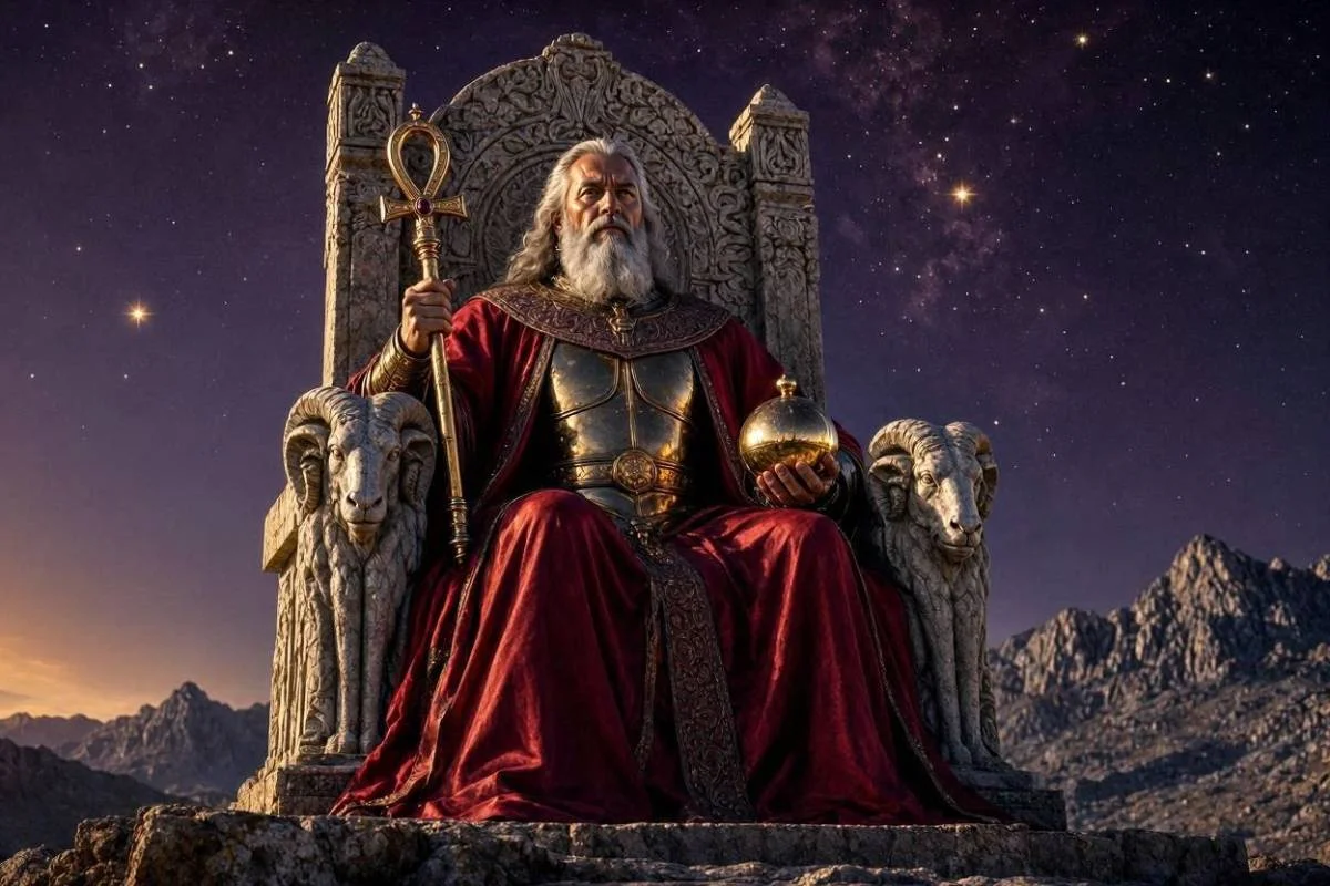 Carta O Imperador do tarot, rei coroado em trono de pedra com cabeças de carneiro diante de montanhas sob céu noturno dourado