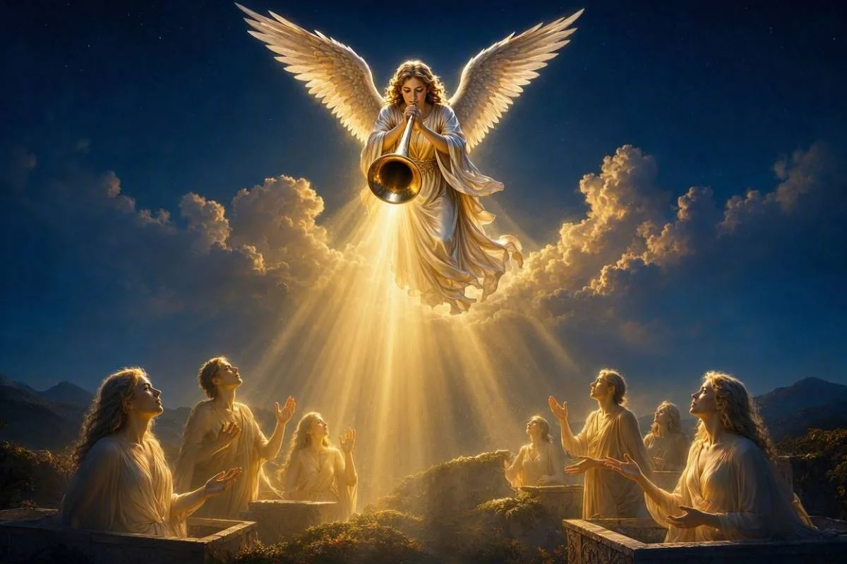 Carta O Julgamento do tarot, anjo tocando uma trombeta entre nuvens douradas enquanto figuras se erguem renascidas com os braços abertos sob céu noturno dourado