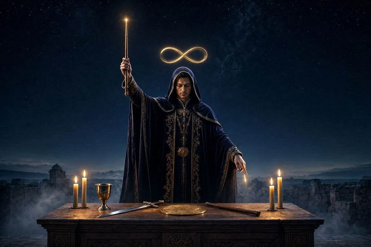 Carta O Mago do tarot, mago com uma mão erguida ao céu e símbolo do infinito dourado sobre a cabeça