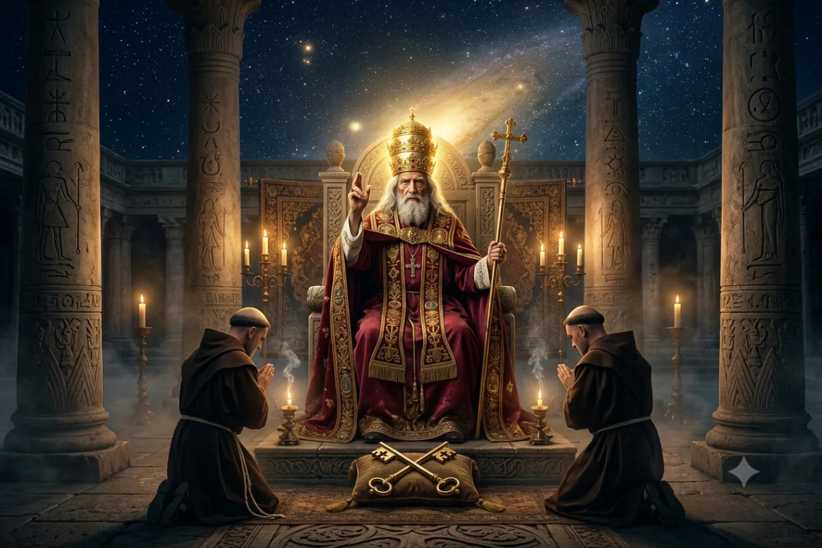 Carta O Papa do tarot, sacerdote coroado sentado entre duas colunas erguendo a mão em bênção sob céu noturno dourado