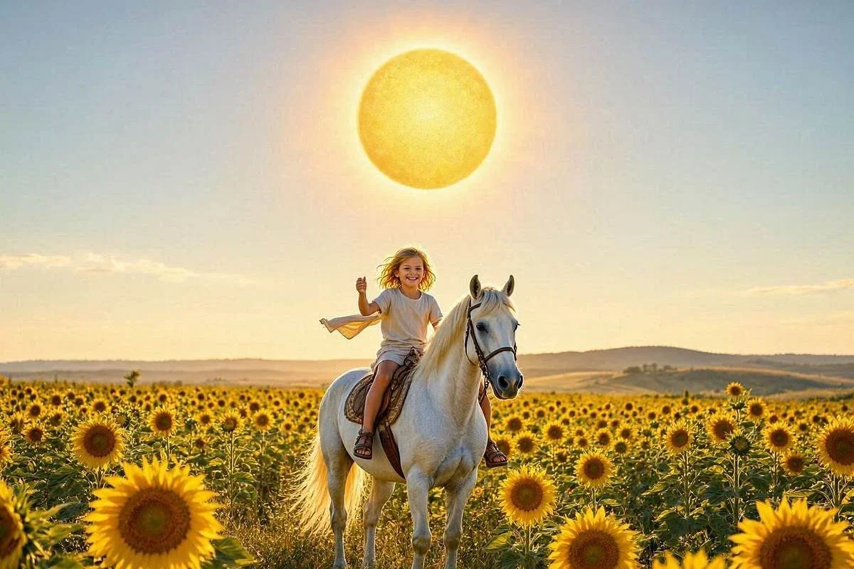 Carta O Sol do tarot, sol dourado radiante sob céu místico
