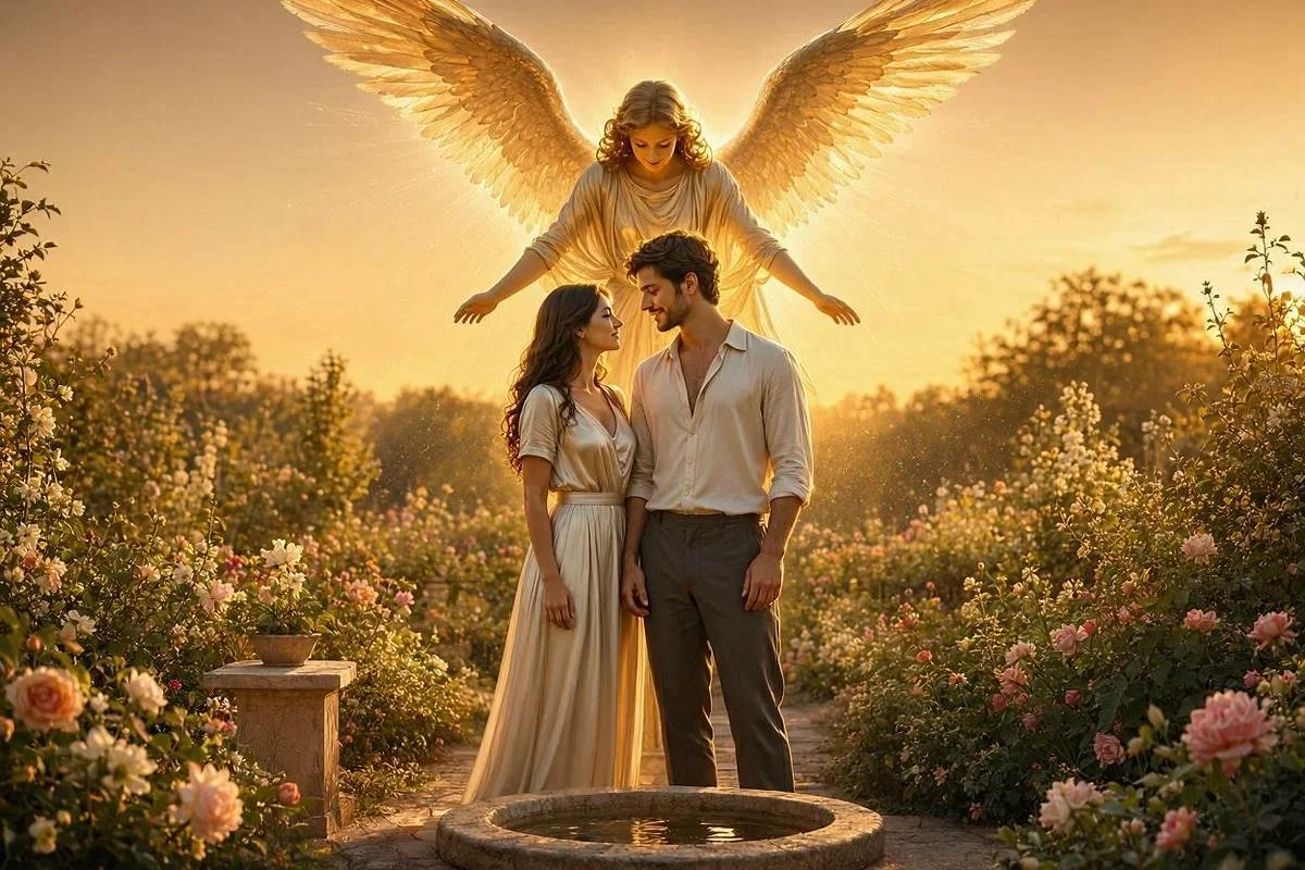 Carta Os Enamorados do tarot, casal sob um anjo dourado em céu místico