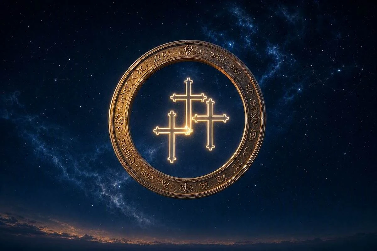 Roda do zodiaco dourada com tres cruzes de luz sobre ceu noturno estrelado, capa do artigo sobre signos cardinais, fixos e mutaveis