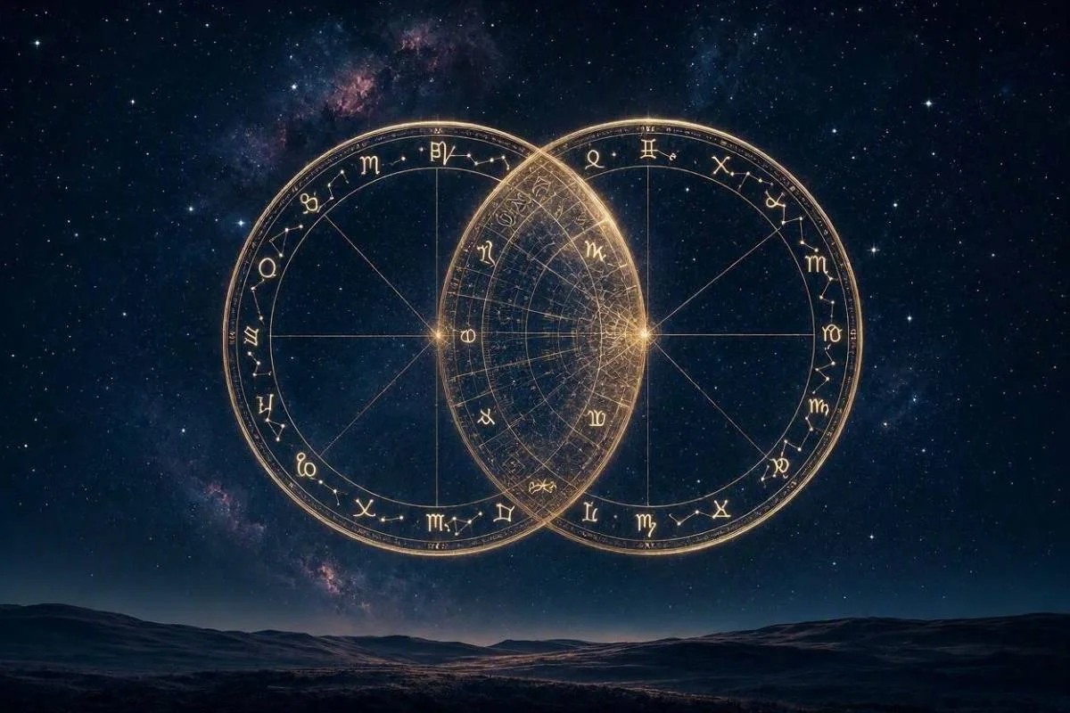 Sinastria amorosa representada por dois mapas astrais dourados sobrepostos num ceu noturno estrelado, capa do artigo sobre mapa astral do casal