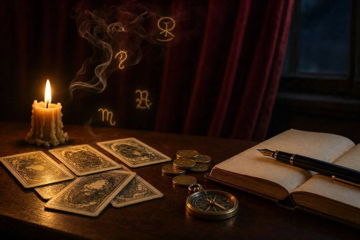 Cartas de tarot douradas sobre mesa de madeira com moedas e vela acesa em ambiente noturno mistico, capa do artigo sobre tarot do trabalho e carreira