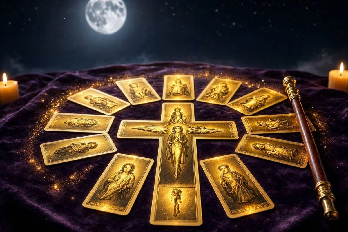 Tiragem da Cruz Celta do tarot, dez cartas douradas dispostas em cruz e coluna sob céu noturno místico dourado