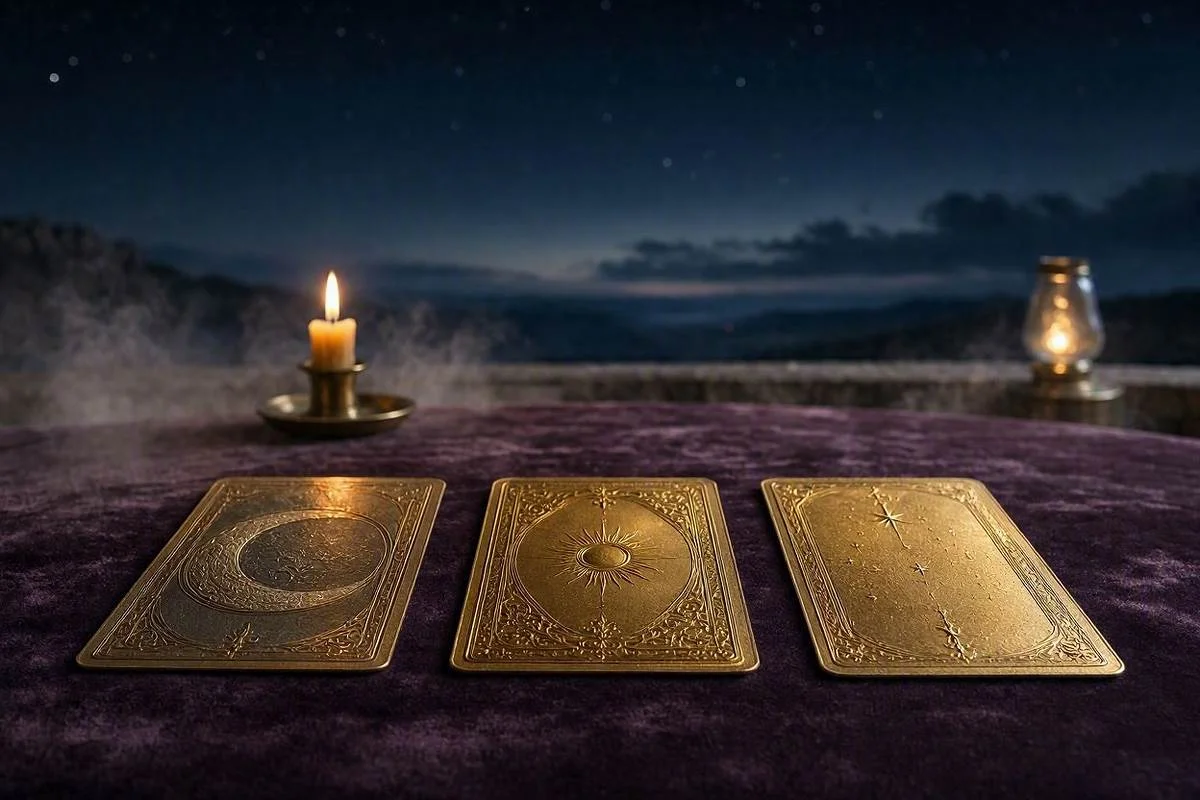 Tiragem de três cartas do tarot, três cartas douradas dispostas lado a lado representando passado, presente e futuro sob céu noturno dourado