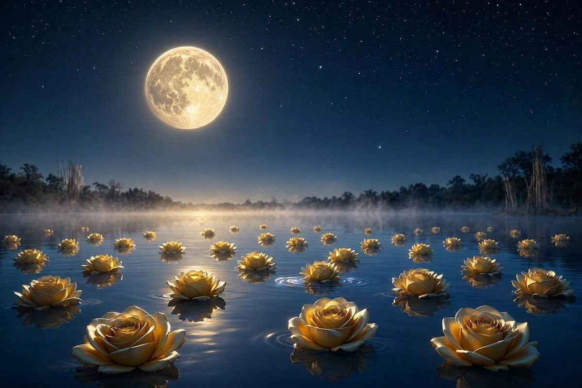 Rosas douradas flutuando em um lago calmo sob astro brilhante em ceu estrelado, capa do artigo sobre Venus no mapa astral
